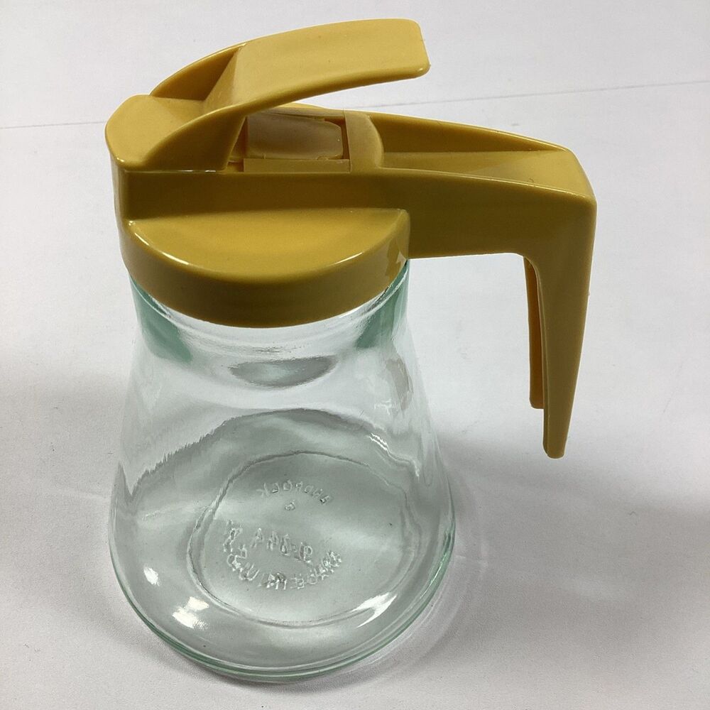 Vintage Androck Glass Syrup Dispenser Gold Lid Honey Pitcher Diner USA MCM - Picture 5 of 12